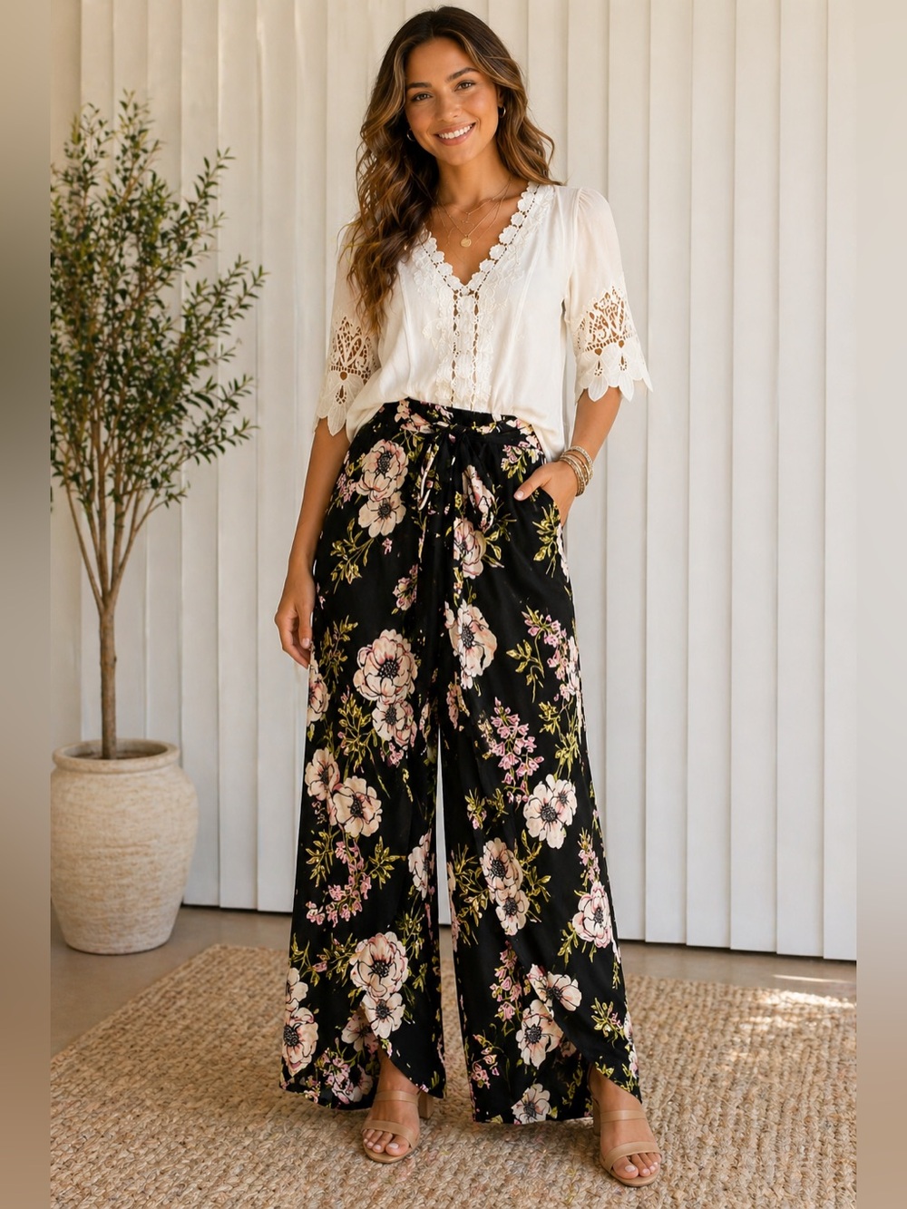 Angie Floral Wrap Pants Size Large NWT Black Boho Wide Leg Tie Waist